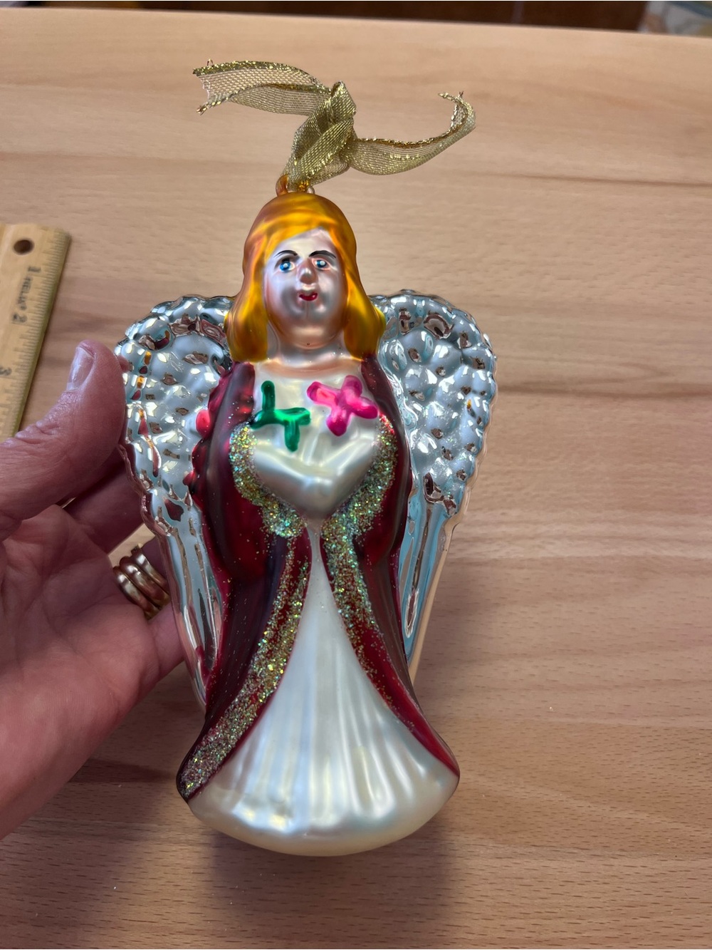 Holiday Glass Angel Ornament in Red and Gold